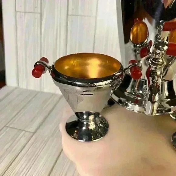 VINTAGE A/O ART DECO Manning - Bowman Chrome Bakelite Creamer and sugar red bake - Picture 3 of 5